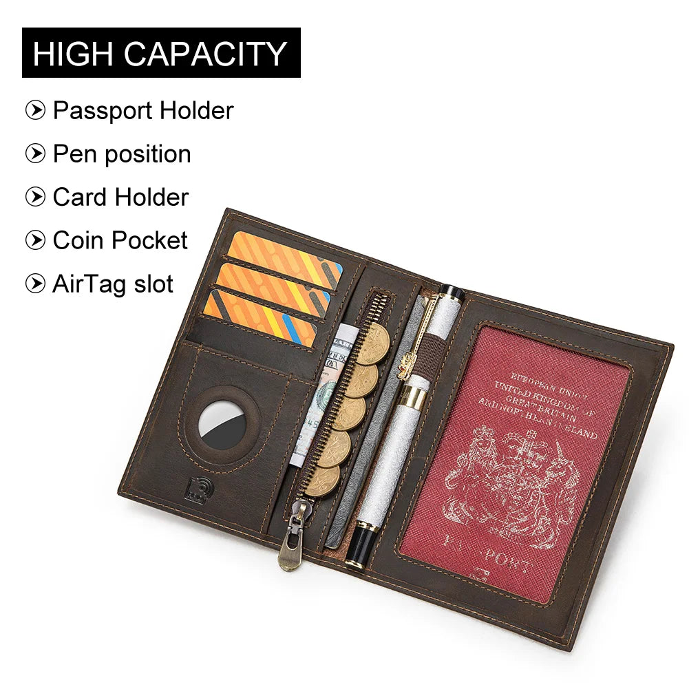 HUMERPAUL Top Layer Leather RFID Passport Holder with Credit Cards Holder Wallet Multi-Function Coin/Pen Pouch for Travel
