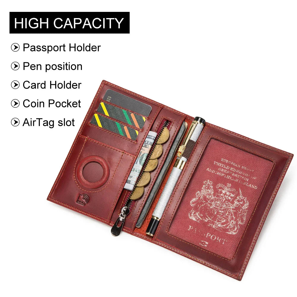 Custom Passport Holder with Coin Purse Crazy Horse Leather RFID Credit Cards Holder Anti-lost  Folding Wallet for Passports