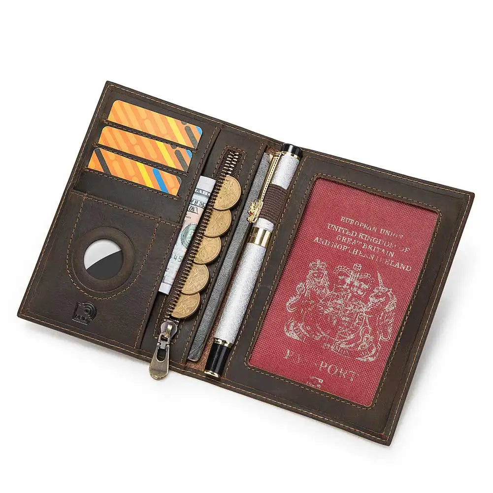 HUMERPAUL Top Layer Leather RFID Passport Holder with Credit Cards Holder Wallet Multi-Function Coin/Pen Pouch for Travel