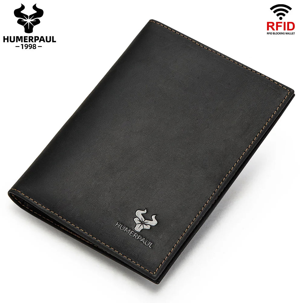 Custom Passport Holder with Coin Purse Crazy Horse Leather RFID Credit Cards Holder Anti-lost  Folding Wallet for Passports