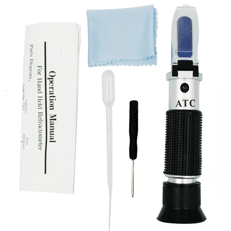 Brix Refractometer Hand held Sugar Level Test Meter Food Fruit Beverages Brix Content Homebrew Tool with ATC/Brix Range 0~32%