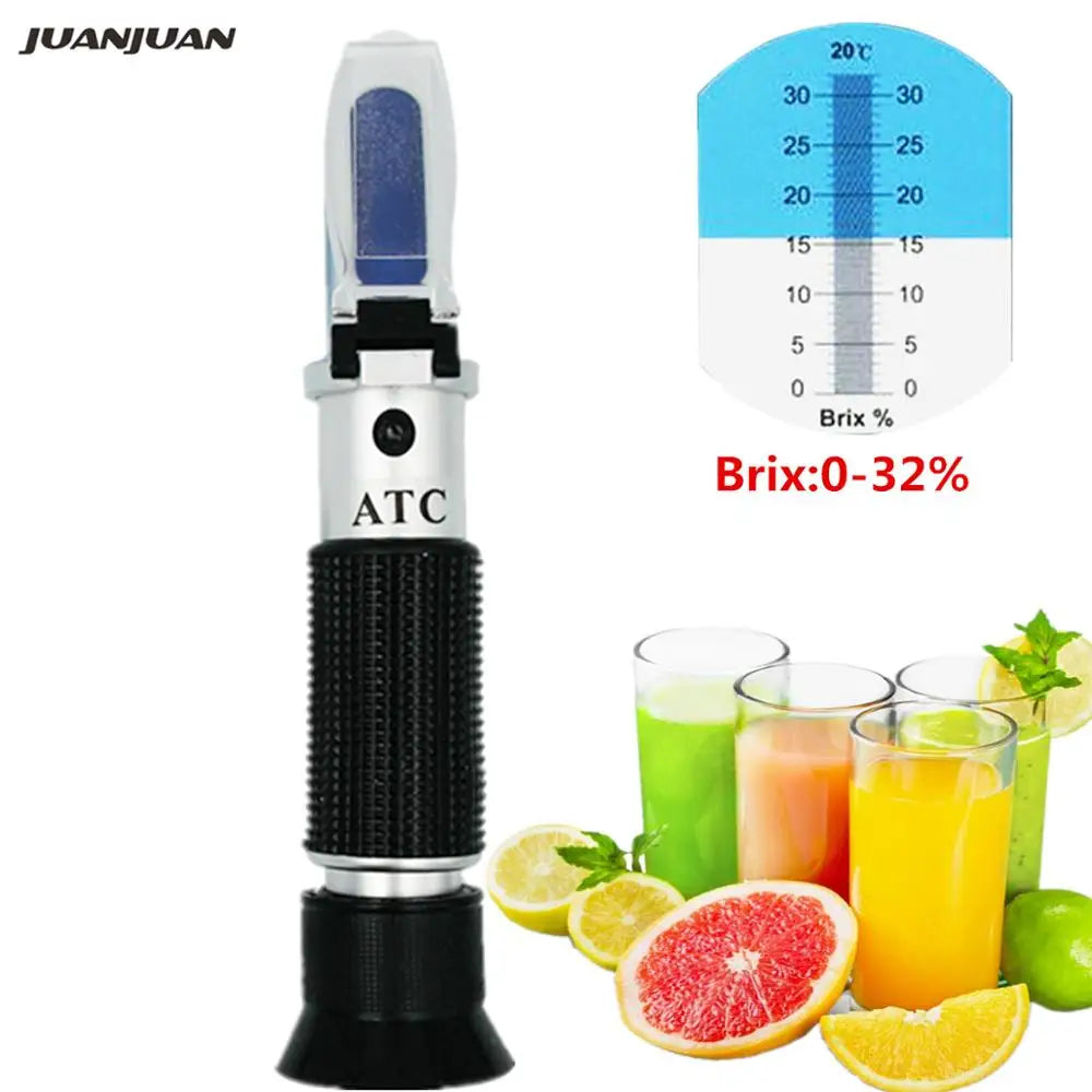 Brix Refractometer Hand held Sugar Level Test Meter Food Fruit Beverages Brix Content Homebrew Tool with ATC/Brix Range 0~32%