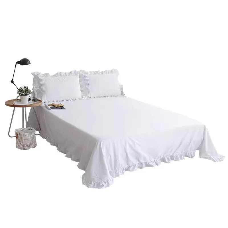 Korean Princess Solid White Flat Sheet 100% Cotton Bedding Sheets Ruffle Lotus Leaf Flat Bed Sheet For Adults No Pillowcases