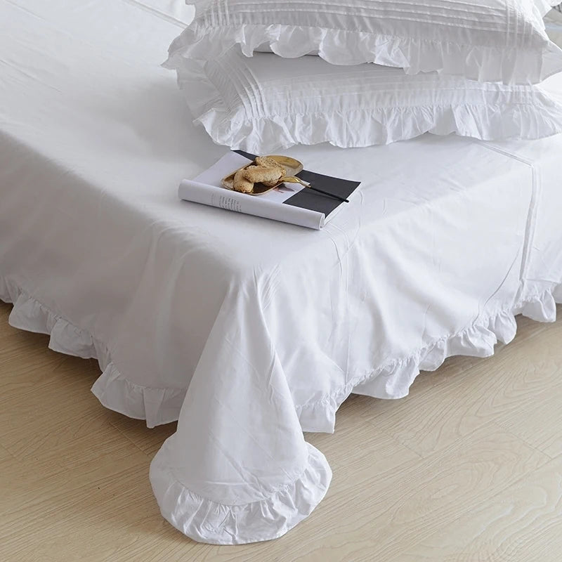 Korean Princess Solid White Flat Sheet 100% Cotton Bedding Sheets Ruffle Lotus Leaf Flat Bed Sheet For Adults No Pillowcases