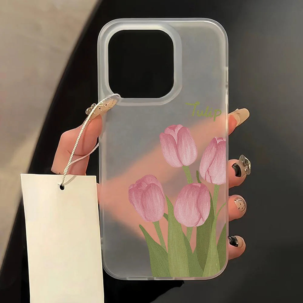 Matte Transparent Soft Silicone Phone Case For iPhone 11 15 13 12 Mini 16 14 13 Pro Max 15 Pro Tulip Silicone Shockproof Cover