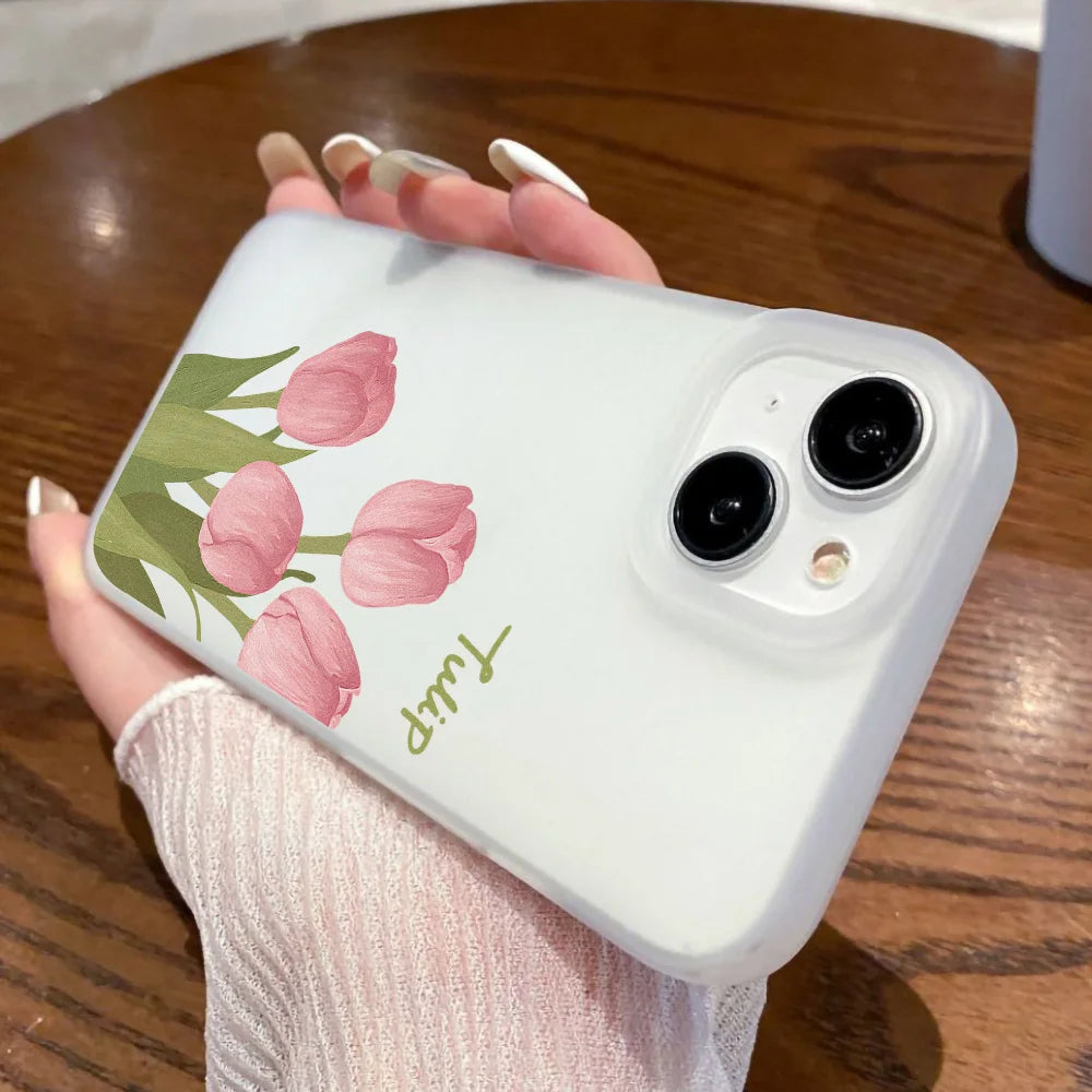 Matte Transparent Soft Silicone Phone Case For iPhone 11 15 13 12 Mini 16 14 13 Pro Max 15 Pro Tulip Silicone Shockproof Cover