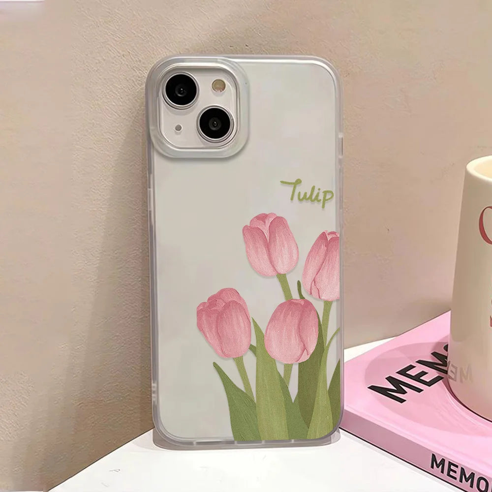 Matte Transparent Soft Silicone Phone Case For iPhone 11 15 13 12 Mini 16 14 13 Pro Max 15 Pro Tulip Silicone Shockproof Cover