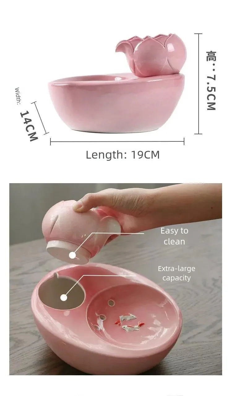 Ceramic pet water fountain with USB pump for cats and other pets to drink water.