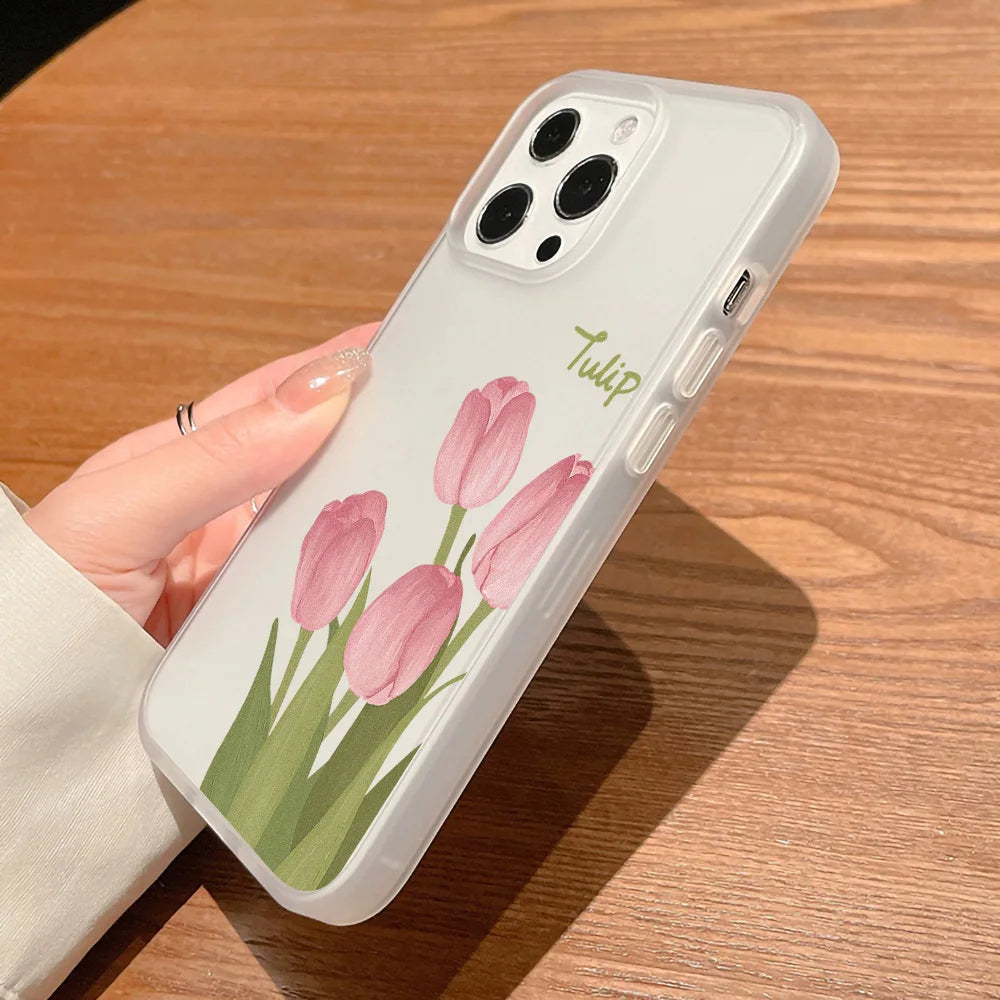 Matte Transparent Soft Silicone Phone Case For iPhone 11 15 13 12 Mini 16 14 13 Pro Max 15 Pro Tulip Silicone Shockproof Cover