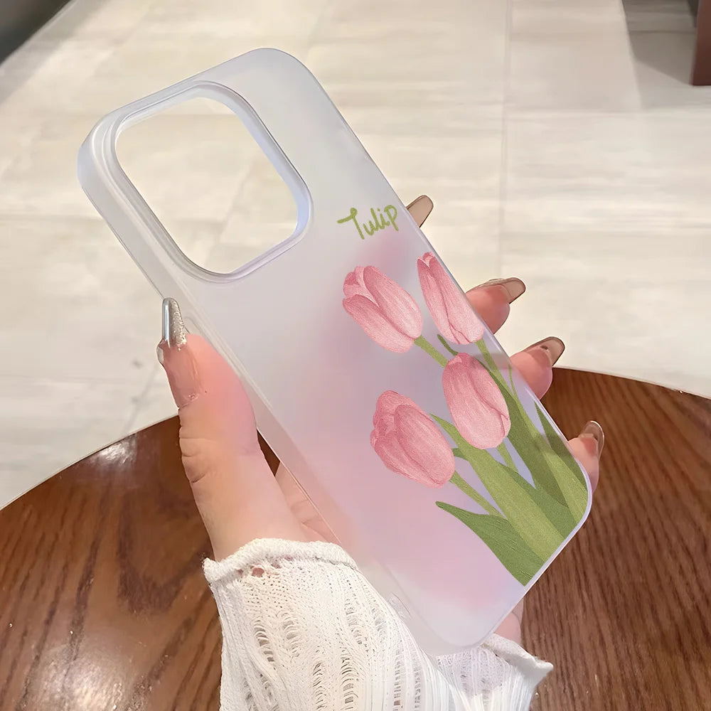 Matte Transparent Soft Silicone Phone Case For iPhone 11 15 13 12 Mini 16 14 13 Pro Max 15 Pro Tulip Silicone Shockproof Cover