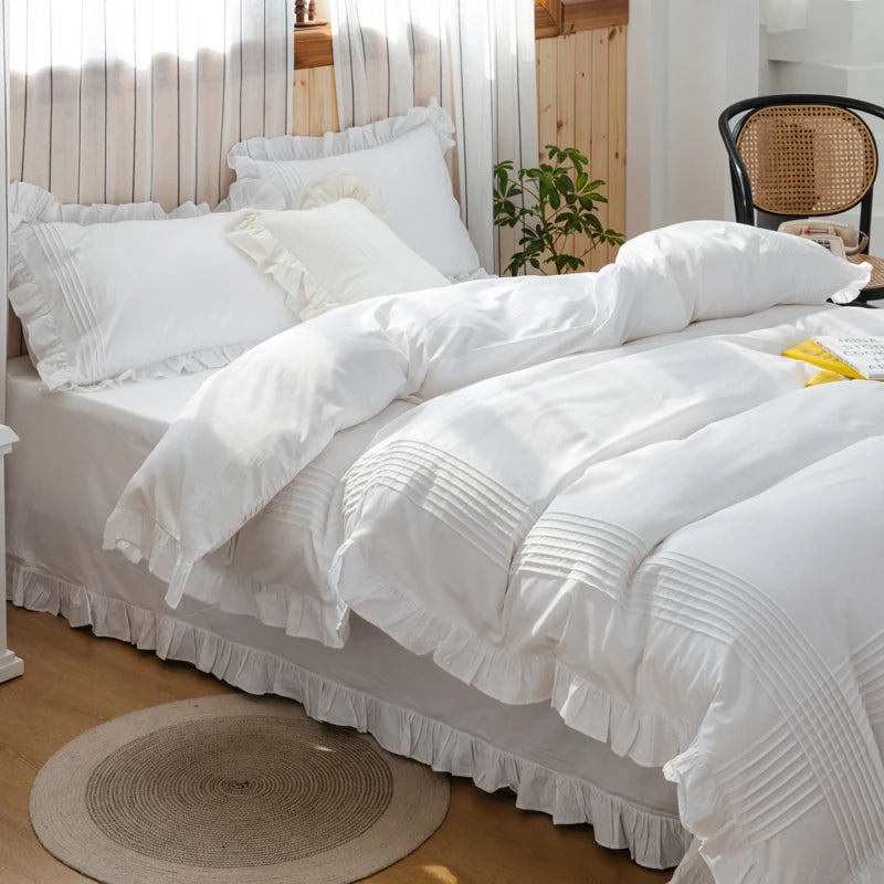 Korean Princess Solid White Flat Sheet 100% Cotton Bedding Sheets Ruffle Lotus Leaf Flat Bed Sheet For Adults No Pillowcases