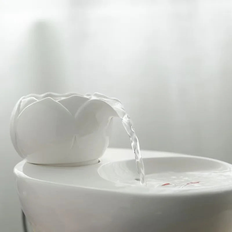 Ceramic pet water fountain with USB pump for cats and other pets to drink water.