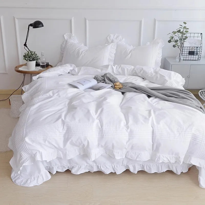 Korean Princess Solid White Flat Sheet 100% Cotton Bedding Sheets Ruffle Lotus Leaf Flat Bed Sheet For Adults No Pillowcases