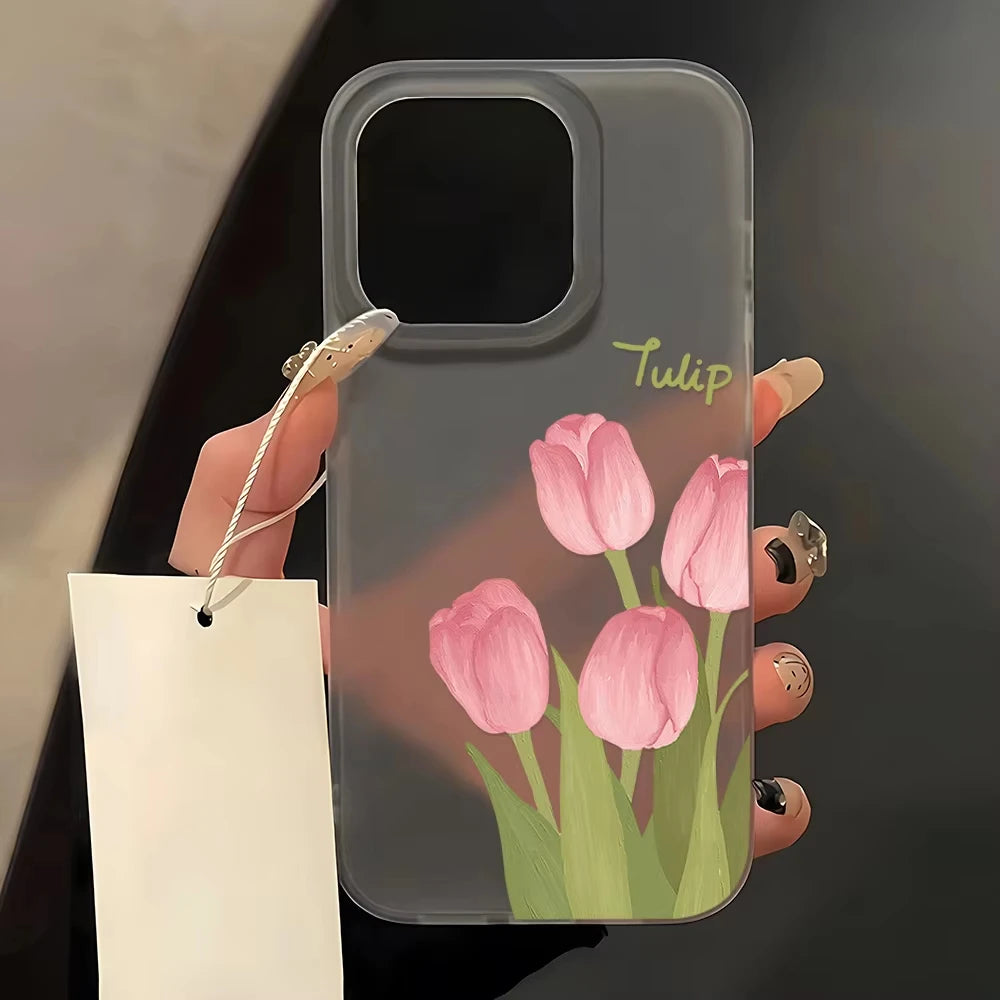 Matte Transparent Soft Silicone Phone Case For iPhone 11 15 13 12 Mini 16 14 13 Pro Max 15 Pro Tulip Silicone Shockproof Cover