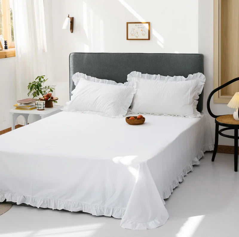 Korean Princess Solid White Flat Sheet 100% Cotton Bedding Sheets Ruffle Lotus Leaf Flat Bed Sheet For Adults No Pillowcases