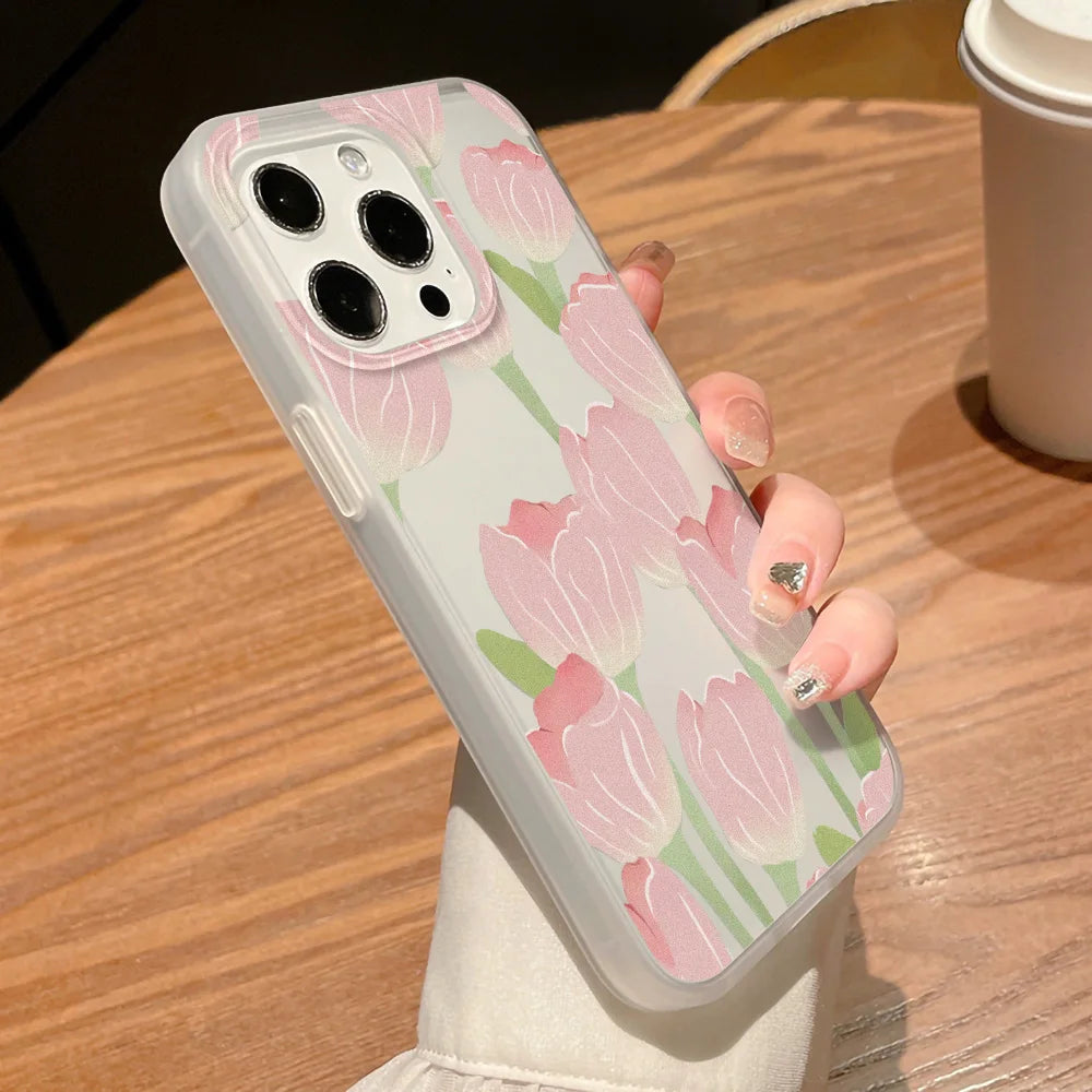 Matte Transparent Soft Silicone Phone Case For iPhone 11 15 13 12 Mini 16 14 13 Pro Max 15 Pro Tulip Silicone Shockproof Cover