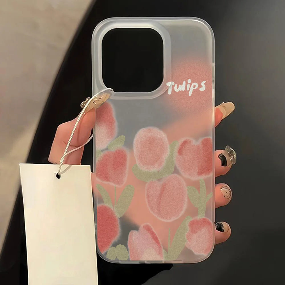 Matte Transparent Soft Silicone Phone Case For iPhone 11 15 13 12 Mini 16 14 13 Pro Max 15 Pro Tulip Silicone Shockproof Cover