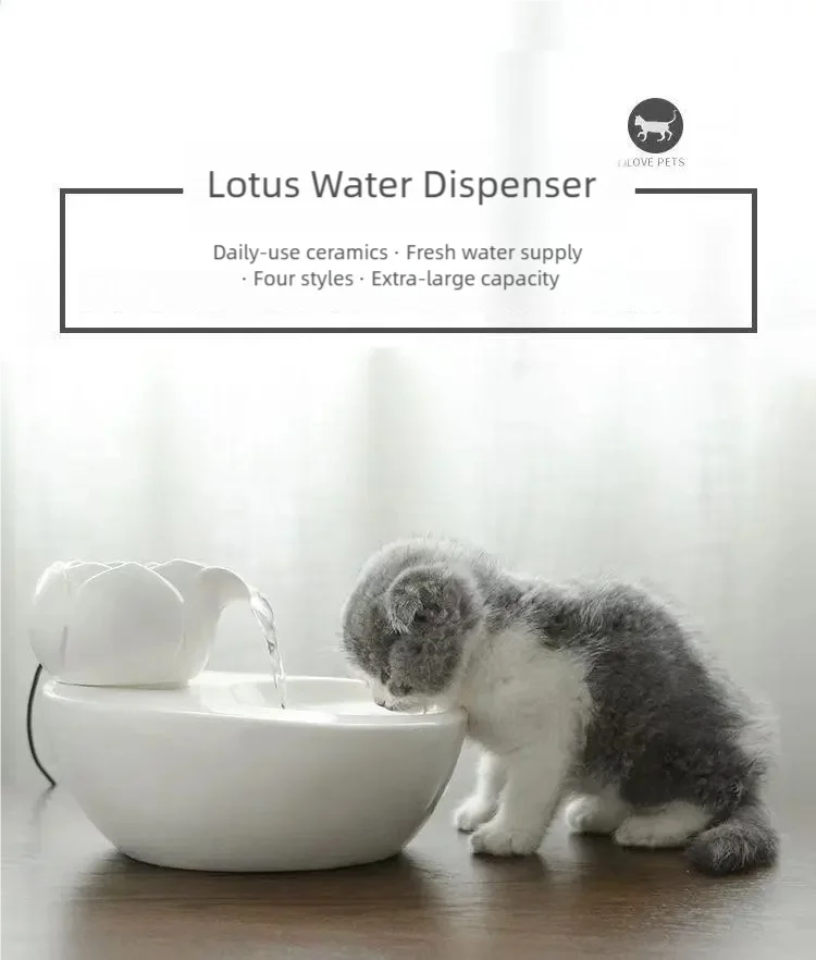 Ceramic pet water fountain with USB pump for cats and other pets to drink water.