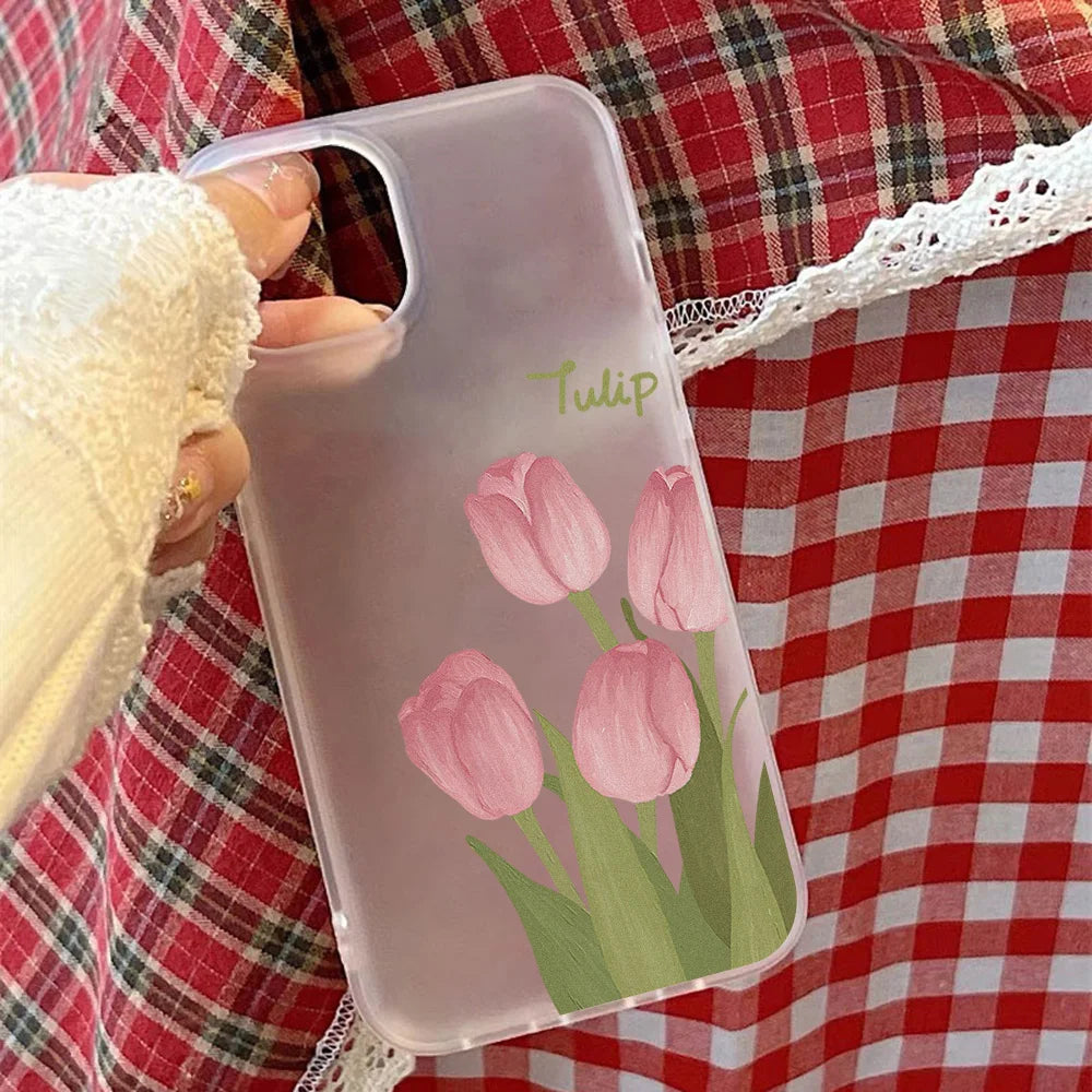 Matte Transparent Soft Silicone Phone Case For iPhone 11 15 13 12 Mini 16 14 13 Pro Max 15 Pro Tulip Silicone Shockproof Cover
