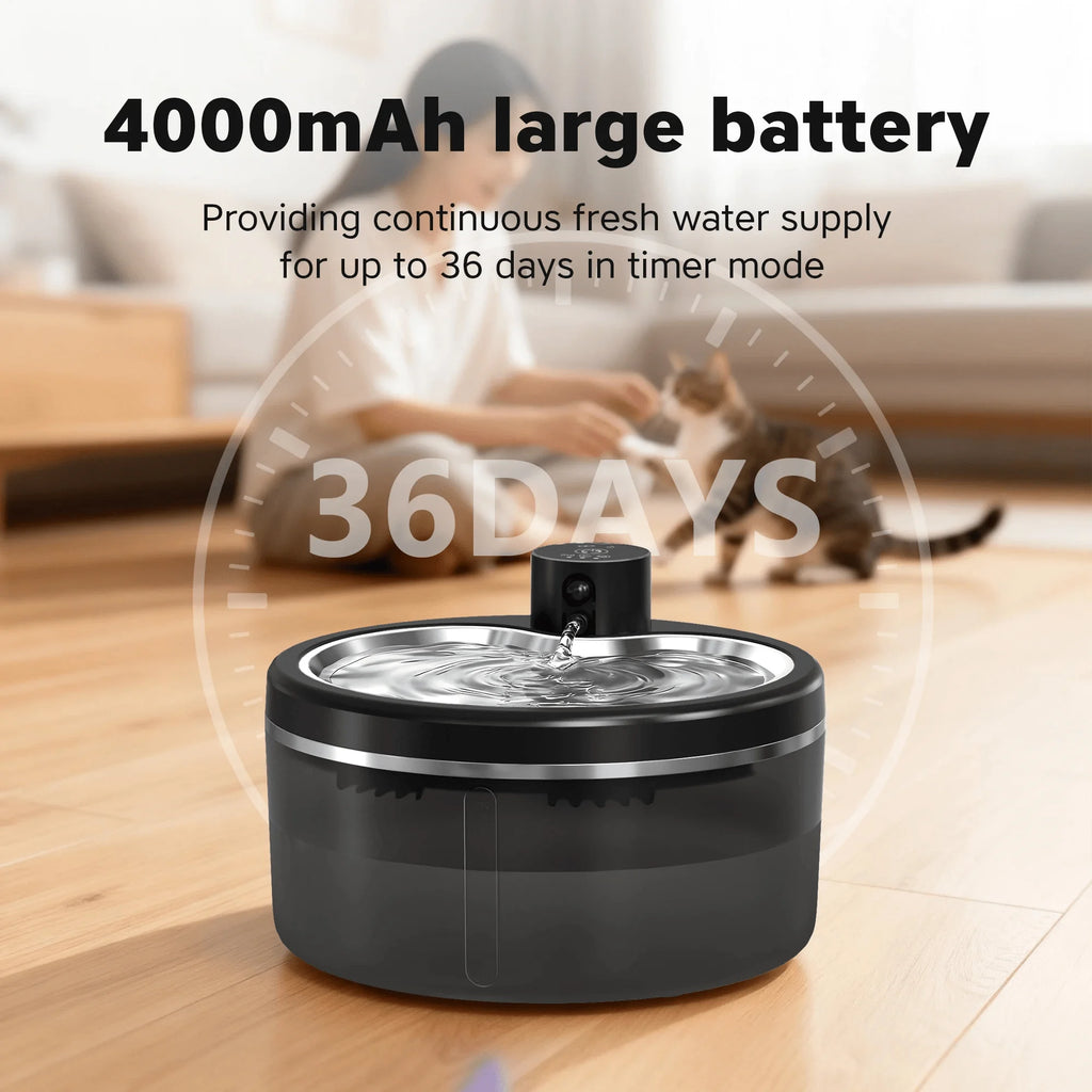 Pet Water Fountain - 3L Cordless Automatic Pet Water Fountain with Water Level Window, Low Water Level Alarm - Motion Sensor