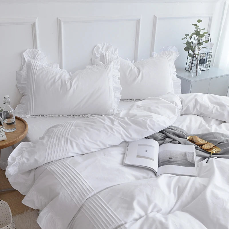 Korean Princess Solid White Flat Sheet 100% Cotton Bedding Sheets Ruffle Lotus Leaf Flat Bed Sheet For Adults No Pillowcases