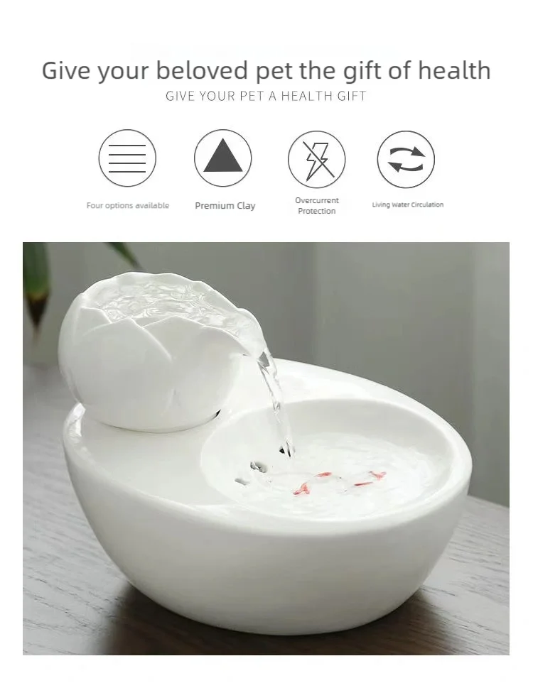 Ceramic pet water fountain with USB pump for cats and other pets to drink water.